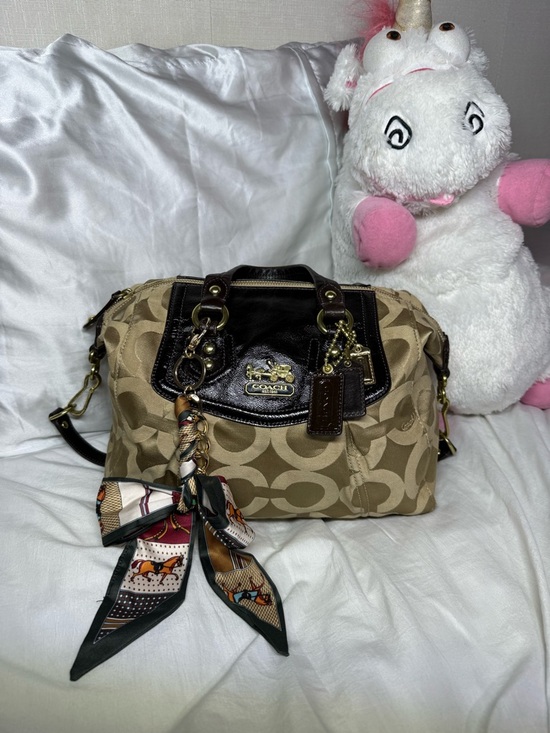 Coach Handbags - Coach Khaki and Brown Signature Satchel with Scarf Accent